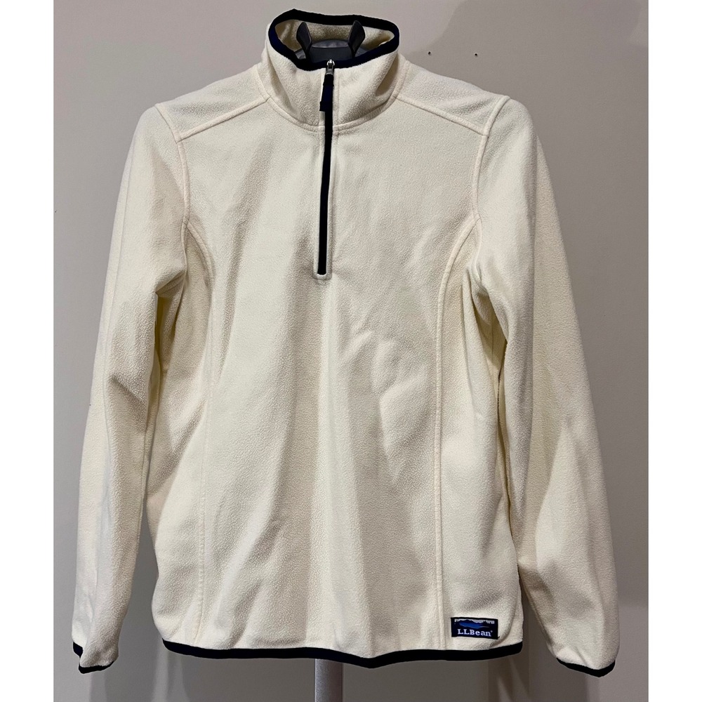 LL Bean women's ivory navy trim 1/4 Zip Fleece Pullover Jacket no flaws